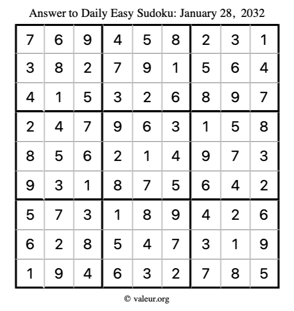 Answer to easy sudoku January 28, 2032
