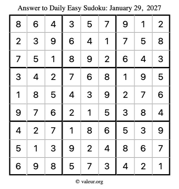 Answer to easy sudoku January 29, 2027