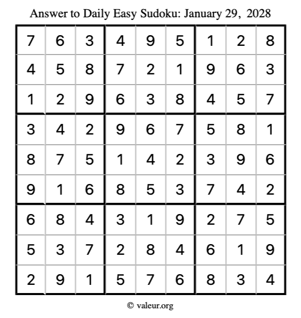 Answer to easy sudoku January 29, 2028
