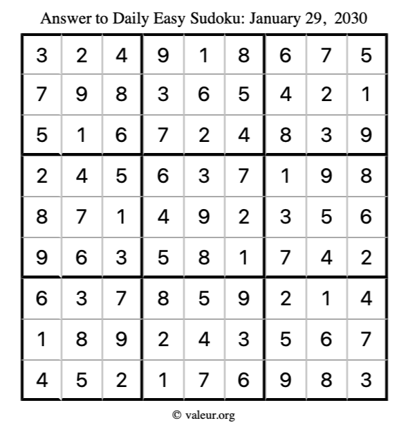 Answer to easy sudoku January 29, 2030