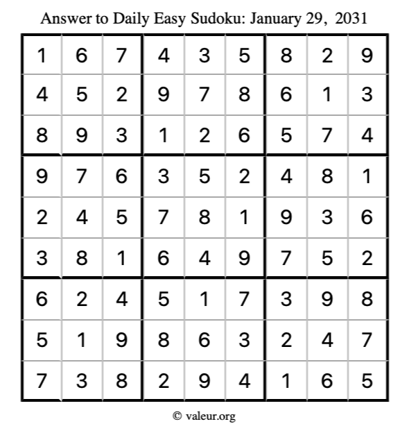 Answer to easy sudoku January 29, 2031
