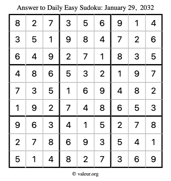 Answer to easy sudoku January 29, 2032