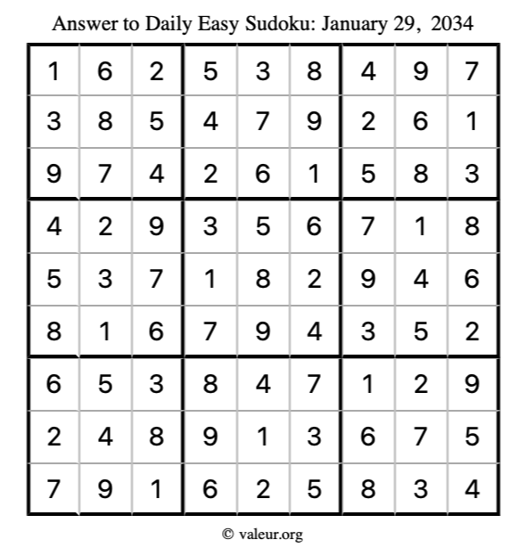 Answer to easy sudoku January 29, 2034