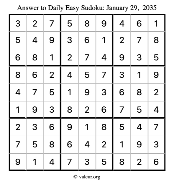 Answer to easy sudoku January 29, 2035