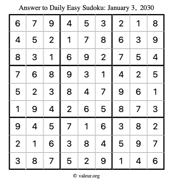 Answer to easy sudoku January 3, 2030