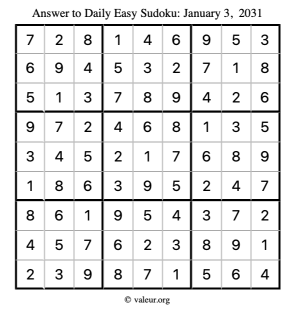 Answer to easy sudoku January 3, 2031