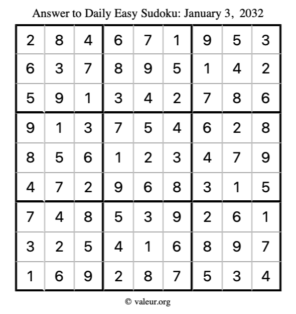 Answer to easy sudoku January 3, 2032