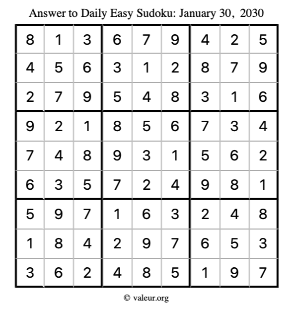 Answer to easy sudoku January 30, 2030