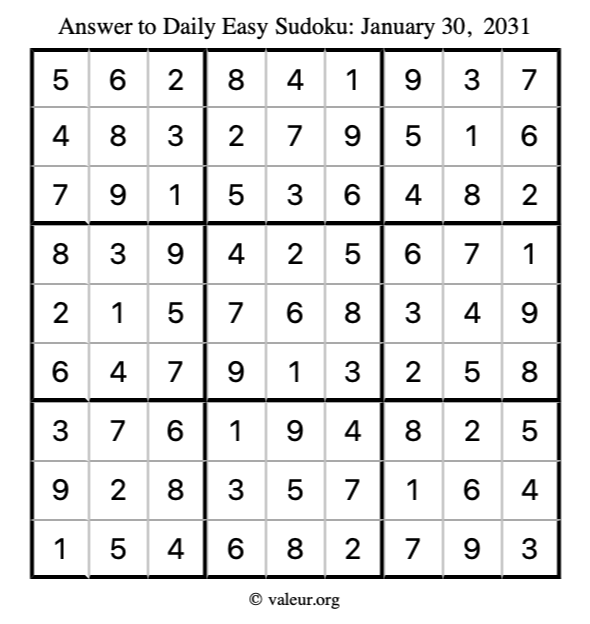 Answer to easy sudoku January 30, 2031
