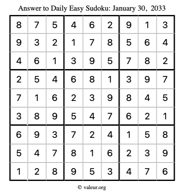 Answer to easy sudoku January 30, 2033