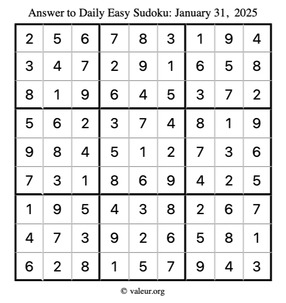 Answer to easy sudoku January 31, 2025