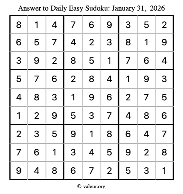 Answer to easy sudoku January 31, 2026