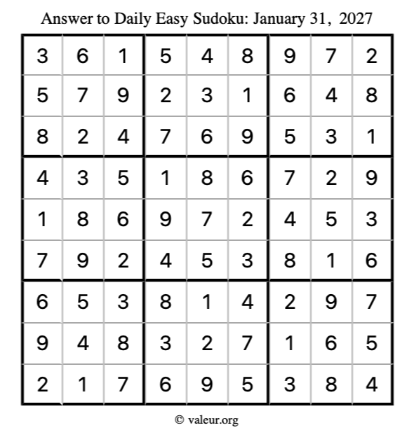 Answer to easy sudoku January 31, 2027