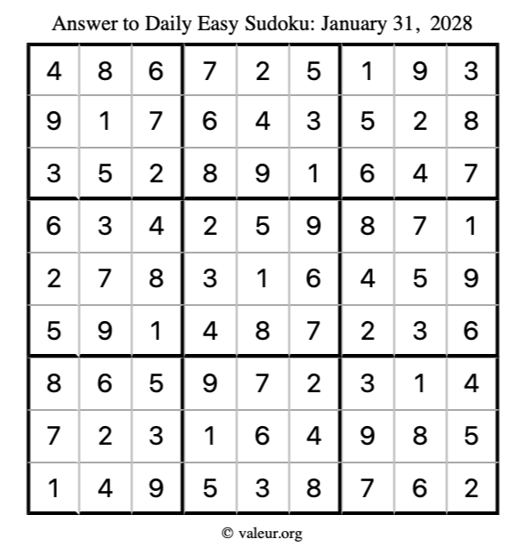 Answer to easy sudoku January 31, 2028