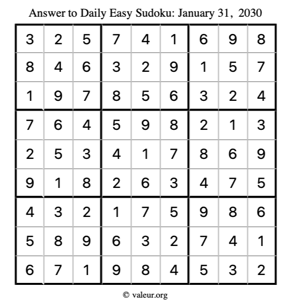 Answer to easy sudoku January 31, 2030