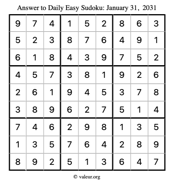 Answer to easy sudoku January 31, 2031