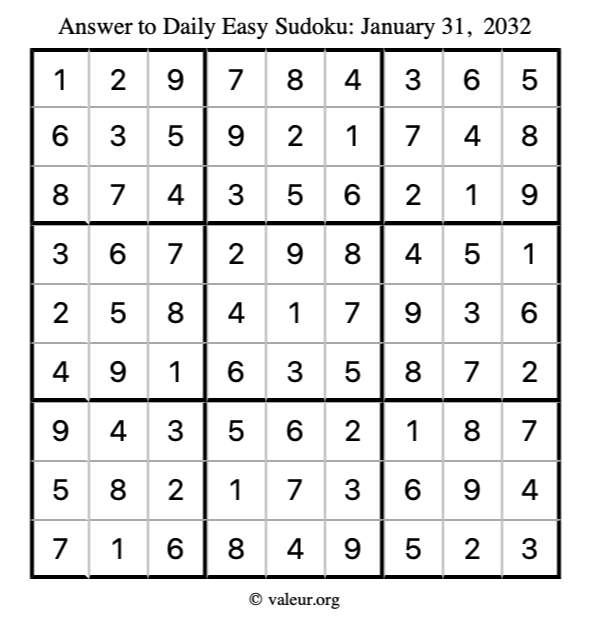 Answer to easy sudoku January 31, 2032