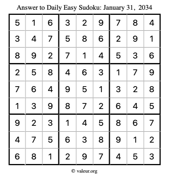 Answer to easy sudoku January 31, 2034