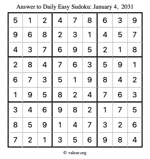 Answer to easy sudoku January 4, 2031