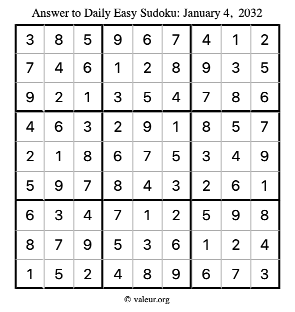 Answer to easy sudoku January 4, 2032