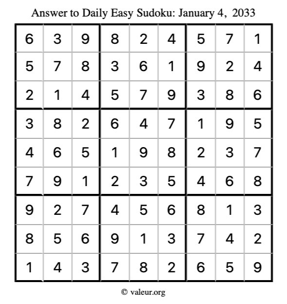Answer to easy sudoku January 4, 2033
