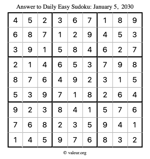 Answer to easy sudoku January 5, 2030