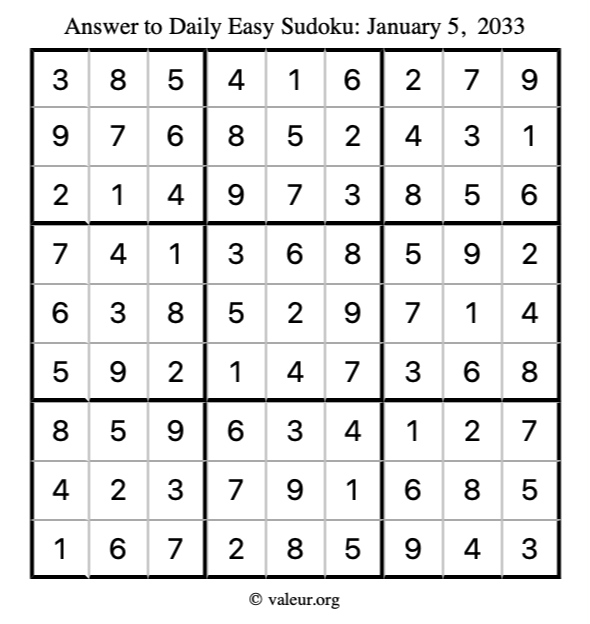 Answer to easy sudoku January 5, 2033