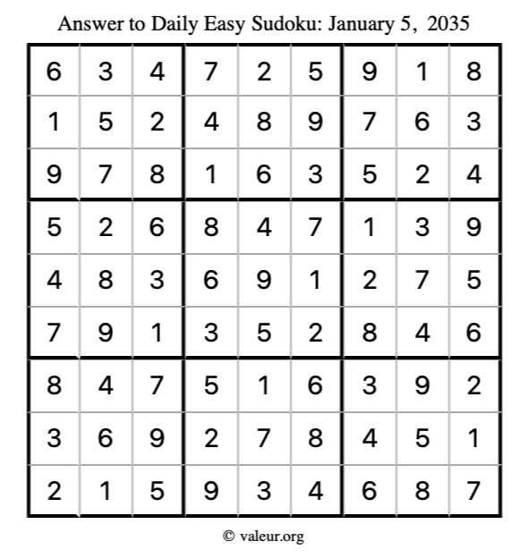 Answer to easy sudoku January 5, 2035