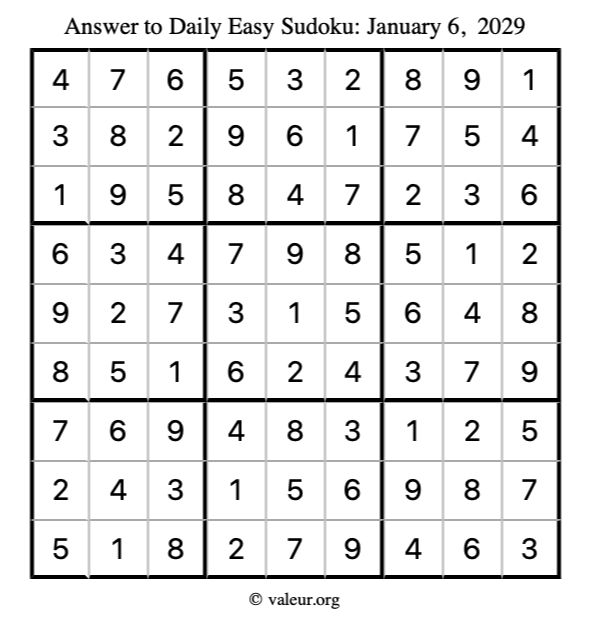 Answer to easy sudoku January 6, 2029