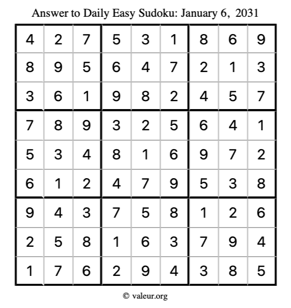 Answer to easy sudoku January 6, 2031