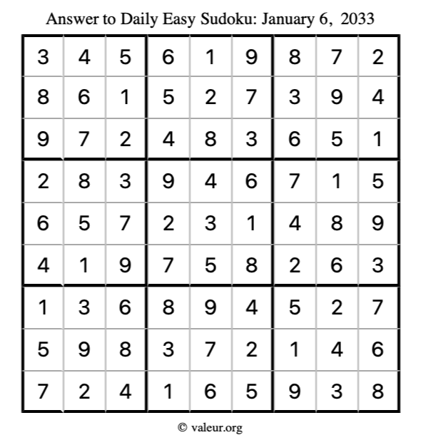 Answer to easy sudoku January 6, 2033
