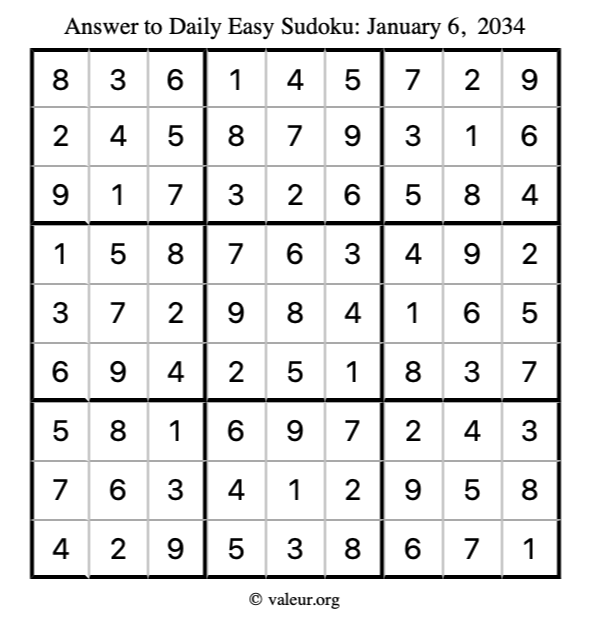 Answer to easy sudoku January 6, 2034