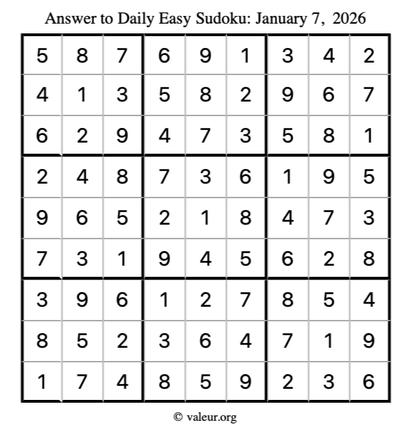 Answer to easy sudoku January 7, 2026