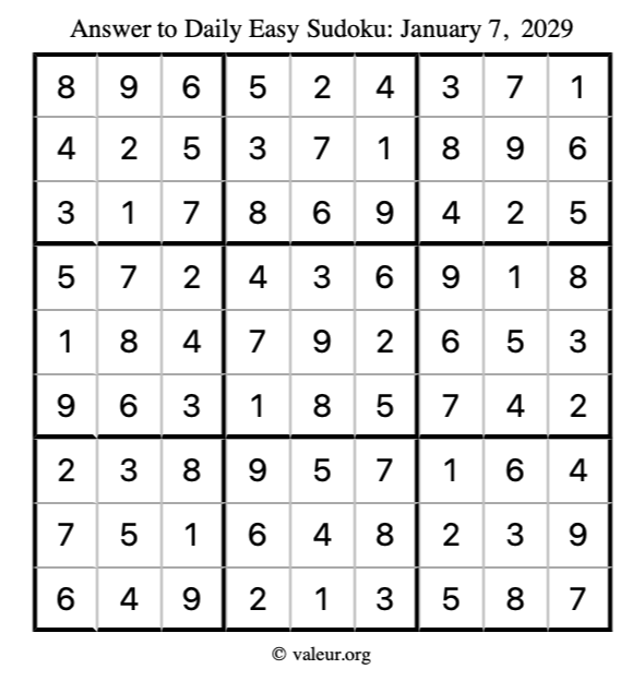 Answer to easy sudoku January 7, 2029