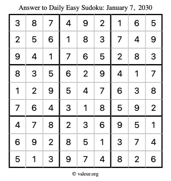 Answer to easy sudoku January 7, 2030