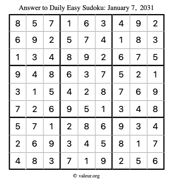 Answer to easy sudoku January 7, 2031