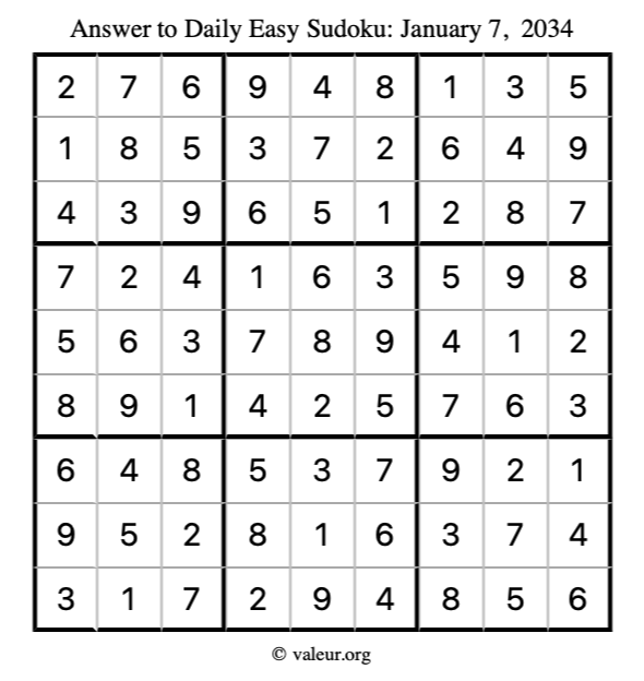 Answer to easy sudoku January 7, 2034