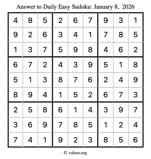 Answer to easy sudoku January 8, 2026