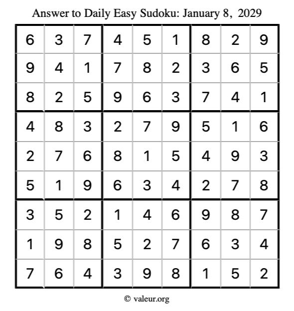 Answer to easy sudoku January 8, 2029