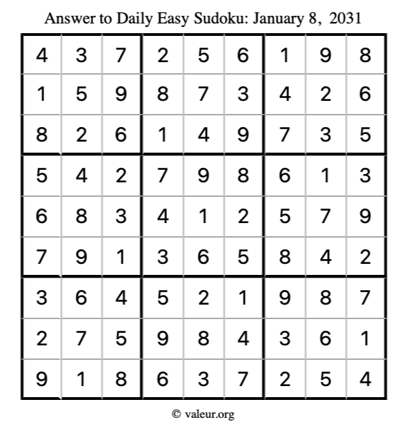Answer to easy sudoku January 8, 2031