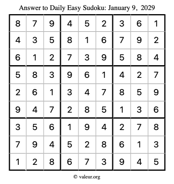 Answer to easy sudoku January 9, 2029