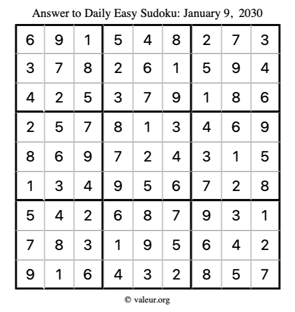 Answer to easy sudoku January 9, 2030