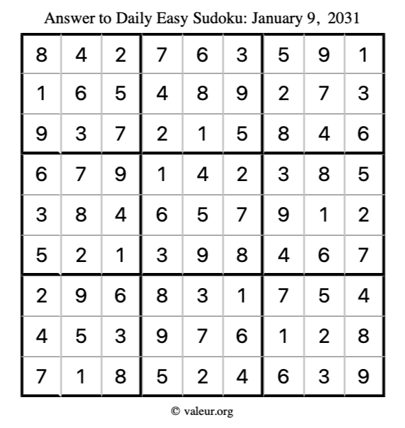 Answer to easy sudoku January 9, 2031