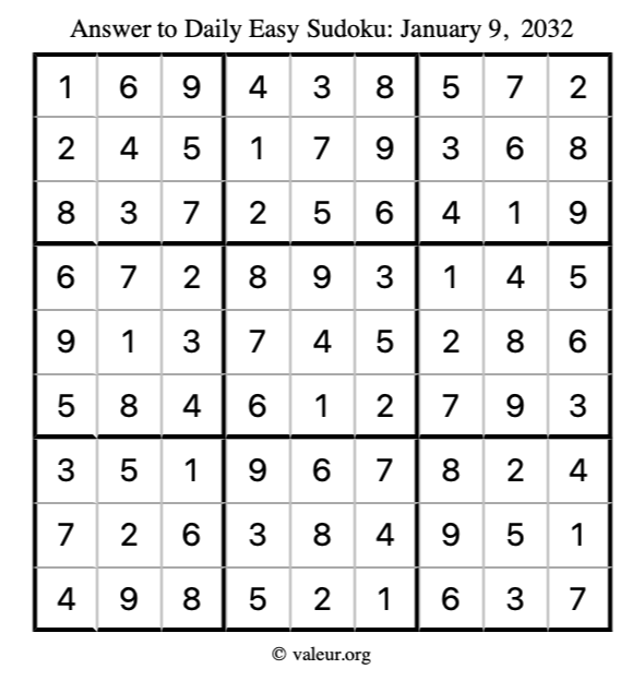 Answer to easy sudoku January 9, 2032