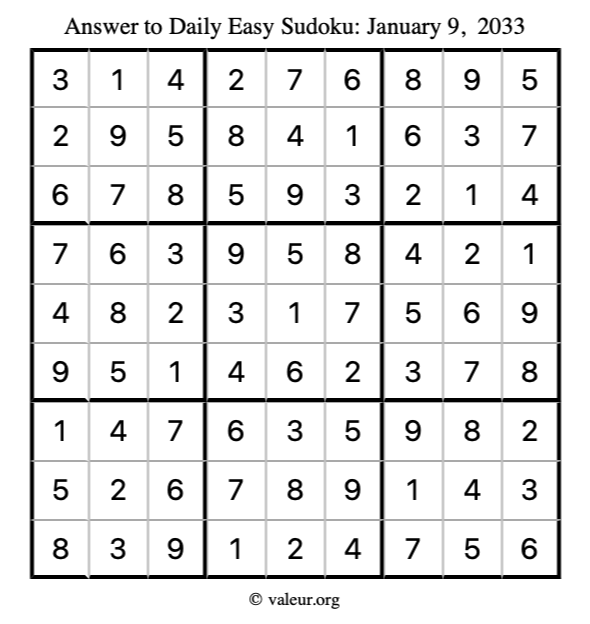 Answer to easy sudoku January 9, 2033