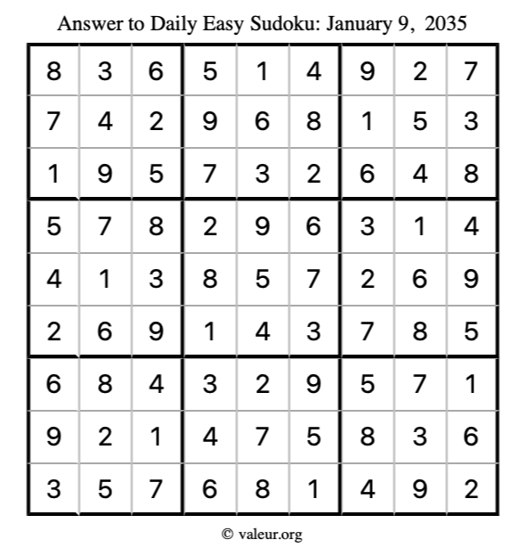 Answer to easy sudoku January 9, 2035