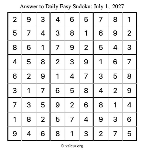 Answer to easy sudoku July 1, 2027