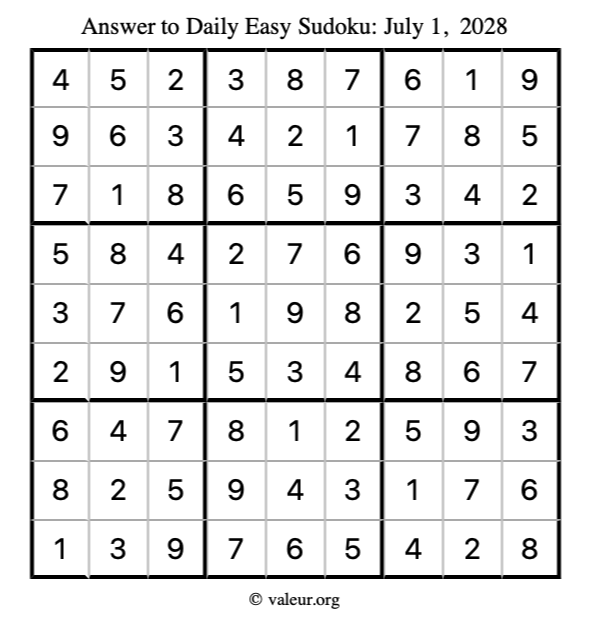 Answer to easy sudoku July 1, 2028