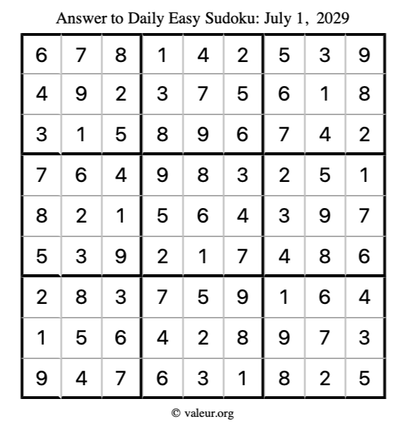 Answer to easy sudoku July 1, 2029