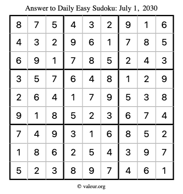 Answer to easy sudoku July 1, 2030